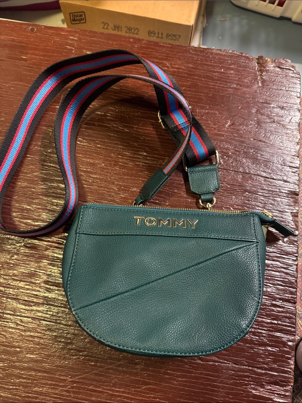 Tommy Hilfiger Kelly Green Crossbody with Striped Strap